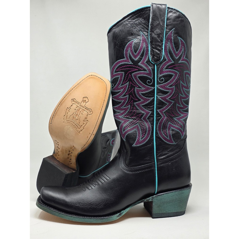 Tanner Mark Size 8.5 Women Black Leather Western Cowboy BootsTurquoise TML203111